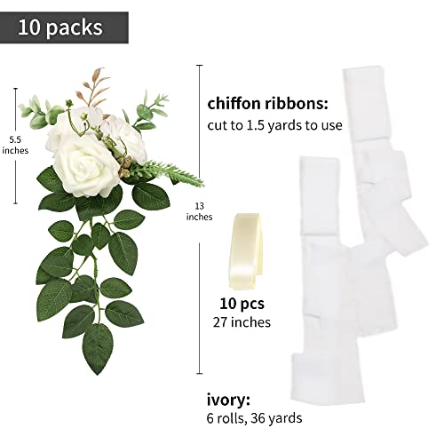 Wedding Aisle Decorations for Wedding Ceremony Set of 10 Pew Flowers for Church Chair Decorations Party Decor with Artificial Flowers Eucalyptus and Ribbons White - color: White