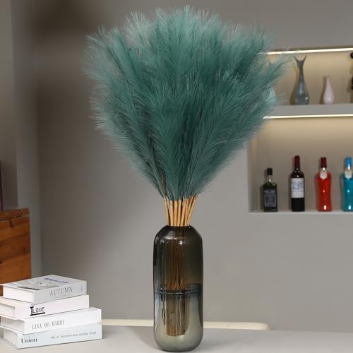 Wertuirk 9 Stems Green Pampas Grass - 38 Inch Tall Pampas Grass Decor, Fluffy Artificial Pompas Floral for Vase Filler, Wedding, Party Farmhouse and Room Decor (Green) - color: Green