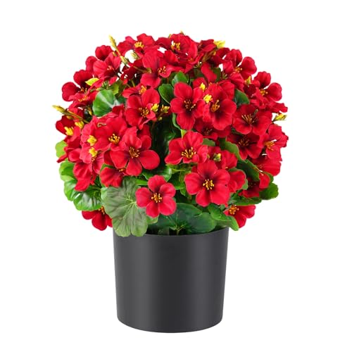 Artificial Geranium Flowers in Pot for Outdoors Fake Plants 14 Inch Faux Flowers Spring Summer Decoration for Home Front Door Garden Planter Patio Balcony Yard Indoor Outdoor (Red) - color: Red