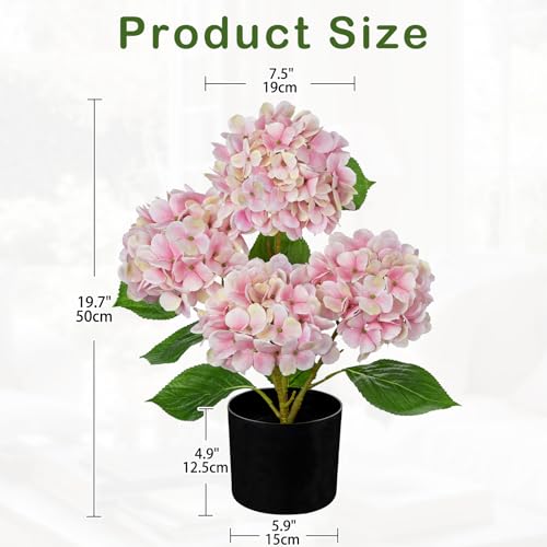 Hollyone Pink Hydrangea Artificial Flowers in Pots 19.7" Four-Head Faux Silk Hydranges Flower Arrangements for Indoor Home Office Kitchen Table Centerpieces Wedding Decorations - color: Pink, size: 4 Head Hydrangea
