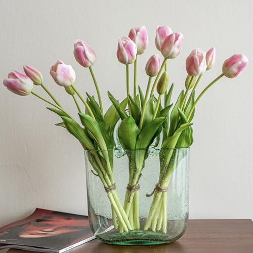 DUYONE 15pcs Artificial Tulips Flowers, Soft Touch Latex Bouquet, Fake Tulips for Office Wedding Party Home Kitchen Garden Decoration - color: 15pcs Peach Pink (No Vase)