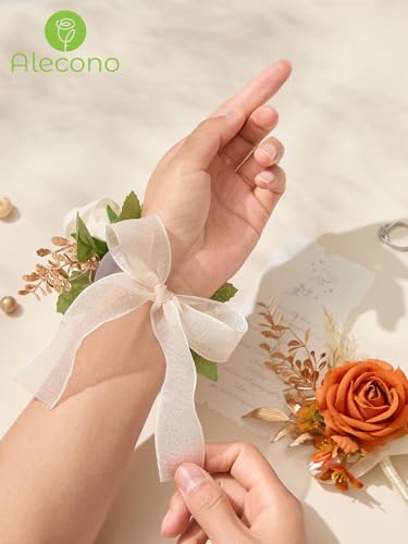 Alecono Orange Corsage and Boutonniere Set, Rose Corsage Wristlet for Women and Boutonniere for Men Wedding Prom Flower Accessories Suit Decorations - color: Orange, size: Corsage and Boutonniere Set