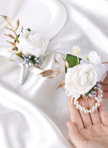 Boutonniere and Cosrage Set for Wedding - 2 Pcs Artificial Flowers Wrist Corsage and Boutonniere Set for Prom Dancing Party, Boutonniere Corsage Wristlet for Bride Groom Groomsmen Anniversary Ceremony - color: White
