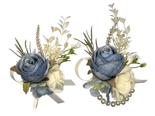 Corsage and Boutonniere Set Corsage Wistlet Dusty Blue Corsage Wrist Artificial Flower Perfert for Proms | Weddings for Bride,Bridesmaids, Groom,Groomsmen Decor (Dusty Blue) - color: Dusty Blue