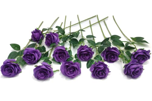 Laelfe 12 pcs Artificial Roses Flowers Long Stem Fake Silk Rose for Home Wendding Decorations (Purple) - color: Purple