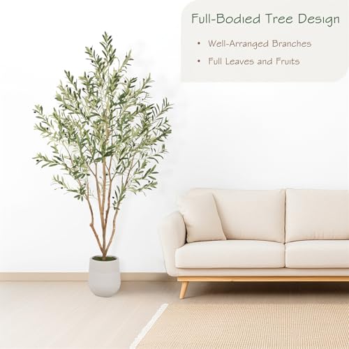 Bellacat 7ft Super Fuller Faux Olive Tree with White Decorative Planter & Multiple Real Wood Trunks, 84in Artificial Olive Tree with Realistic Fruits, Fake Olive Tree for Indoor & Outdoor Décor - style: 7ft Olive Tree