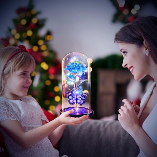 Mothers Day Mom Gifts for Mom Birthday Gift for Women Galaxy Glass Rose in Glass Dome Forever Eternal Crystal Flower with Butterfly Mother's Day Flowers Gifts for Wife Daughter Grandma Sister Blue - color: C Blue