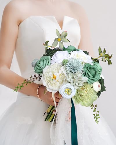 Kisflower Green Artificial Flowers Combo Cake Flowers Decorations Fake Hydrangea Dahlia Silk Roses Gift Box for DIY Wedding Bridal Bouquet Centerpieces Arrangements Party Holiday Decor (Forest Green) - color: Forest Green