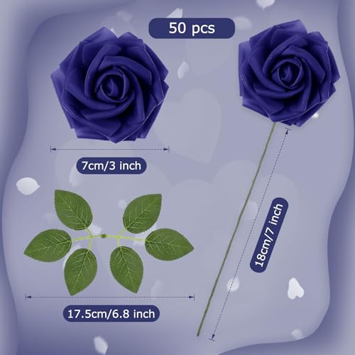 50 Pcs Artificial Foam Rose Flower Faux Bouquet Wedding Fake Rose Gift for Mother's Day Women DIY Bridal Shower Party Table Birthday Home Spring Decor (Navy Blue) - color: Navy Blue