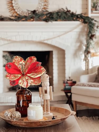 Briful 3PCS Magnolia Artificial Christmas Flower 21.2" Red Gold Fake Magnolia Flower Stems with Specially Designed Mottled Petals Christmas Tree Flowers for Holiday Wreath Garland Xmas Decor - color: Red Gold