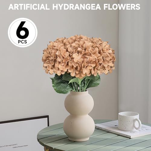 6 PCS Artificial Hydrangea Flowers, Faux Silk Hydrangea with Long Stems, Home Wedding Decor, Table Centerpieces, Party Decorations(Caramel) - color: Caramel