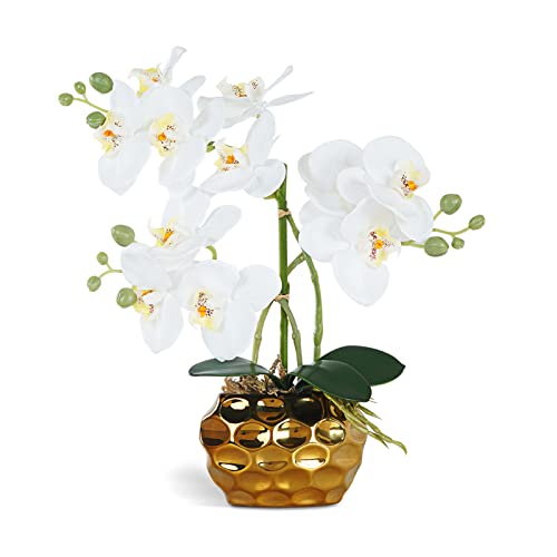 Ziwon Artificial Orchid Flowers & Plants Potted in Ceramic Pot, White Faux Phalaenopsis Orchids for Table Centerpiece, Realistic Fake Flower Arrangement for Home Office Decor Indoor - color: White & Gold 01