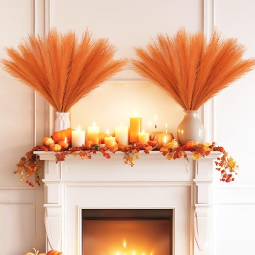 obbsie 150pcs Orange Faux Pampas Grass Decor, 21.6" Short Artificial Floral Branches Vase Filler Flower Arrangement for Home Wedding Boho Outdoor Decor - color: Orange, size: 150 PCS