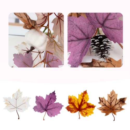 MAKHOT 5.2Ft Artificial Maple Leaves Garland Pumpkin and Pine Cones Decor | Autumn Winter Eucalyptus Vines for Table Home Wedding Mantle Party Fireplace Decor - color: Purple Maple-1pcs