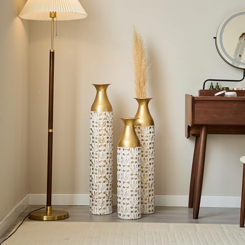 Floor Vases, Tall Home Decor Metal Vase Set of 3 Large Glazed Decorative Vases for Wedding Decor, Elegant Modern Flower Holder for Living Room, Entryway, Hallway - color: Leaf Mix White Gold