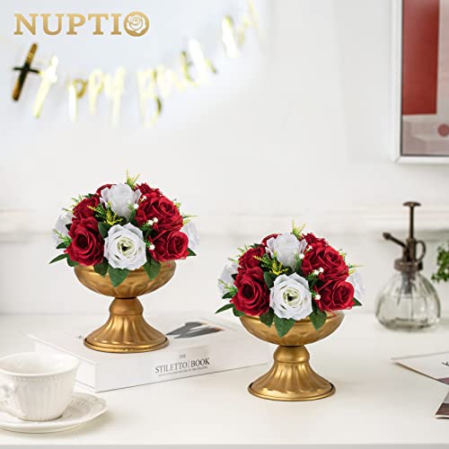 NUPTIO Artificial Flower Centrepieces for Tables: Crimson White Fake Roses | 2 Pcs 9.5 inch Floral Balls Arrangement for Wedding Birthday Party Anniversary Christmas Decorations - color: Crimson & White, size: 2 Pcs