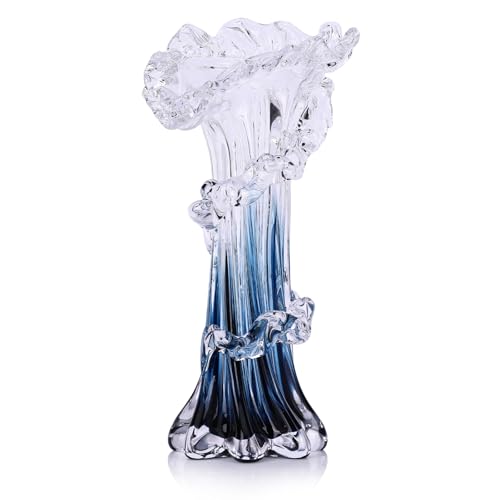 Hand Blown Blue Glass Vase, Unique Art Beautiful Ocean Glass Vase for Coastal Home Decor, Coffee Table, Living Room, Office Decor - 9.8" H (Medium) - size: Medium