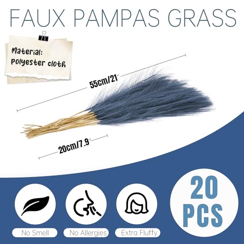 Faux Pampas Grass Decor ， 21.7 Inch Artificial Pampas Grass Navy Blue Reed Grass, Vase Filler for Home Decor, Room, Bathroom, Wedding, Table Centerpiece - 20PCS - color: Navy Blue