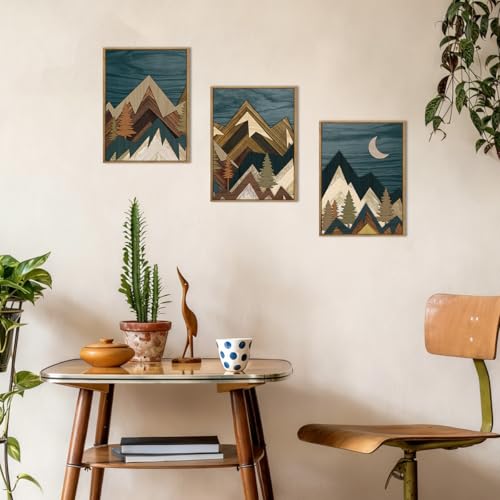 BINCUE Boho Mountain Wall Art Framed Landscape Wall Decor Modern Nature Artwork Mountains Wall Pictures Moon Art Landscape Paintings Rustic Prints for Farmhouse Bedroom Living Room Office 12x16 Inch 3 Piece - color: Framed Mountain, size: 24"L x 16"W