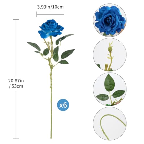 6Pcs Blue Rose Artificial Flowers Long Stem Velvet Roses Real Touch Fake Flowers for Floral Arrangements Home Wedding Dining Table Party Garden Decoration(Blue) - color: Blue