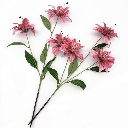 Artifical Lily Flowers Full Bloom Silk Flower Long Stems 4 Pack, Fake Stargazer Lilies Bundles Faux Tiger Lily Floral Plant for Wedding Bouquet Home Hotel Office Vase Arrangement Party Decor - Pink - color: Lily Silk Flowers / Pink 4 Pack