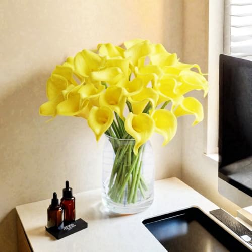 18pcs Real Touch Artificial Calla Lily Flowers for Decoration, Outdoor Wedding Bouquets, Lifelike Faux Flowers for Home, Garden, Party, and Event Decor (Yellow) - color: Yellow