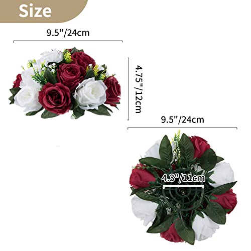 NUPTIO Flower Wedding Centrepieces for Tables - 2 Pcs 9.5in Diameter Burgundy & White Artificial Flowers Rose Ball for Centerpieces Table - Fake Rose Arrangements for Weddings Birthday Party Decor - color: Burgundy & White, size: 2 Pcs