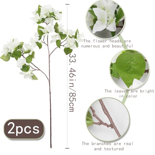 CITYES 2 Pcs Artificial Flowers Bougainvillea Outdoor White Faux Bougainvillea Flowers with Stems Artificial Bougainvilleas Silk Flowers Branches for Garden Wedding Centerpieces Table Runner Decor - color: White