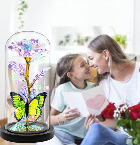 Fvawe Mothers Day Rose Flower Gifts for Mom, Birthday Gifts for Women, Galaxy Crystal Light Up Rose Flowers in A Glass Dome, Mother Day Presents Wife Grandma Sister Her Mom from Daughter Butterfly - color: A-gold