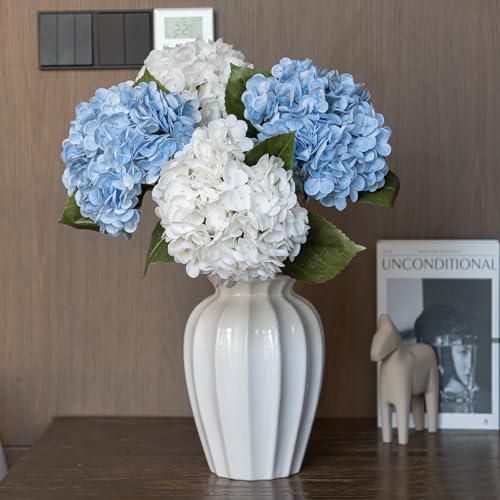 DUYONE 22"Real Soft Touch Hydrangea Artificial Flowers Realistic,Large Long Stem Fake Flowers Full Latex Faux,Wedding Bouquet,Party Home Decor,Garden Office Room Table Centerpieces White 2 Baby Blue 2 - color: 2 White & 2 Baby Blue, size: 4Pcs