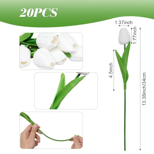 20 Stems Artificial Tulips Pure White PU Fake Flowers Fake Tulips for Valentine's Day Wedding Home Spring Decor