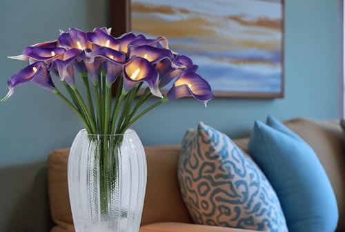 20 Stems Lighted Artificial Calla Lily Bouquet Light Faux Floarl Night Light Real Touch Flower Night Lamp LED Calla Lily lighted Artificial Flower for Holiday Gifts Home Kitchen Decor(Purple, No Vase) - color: Purple