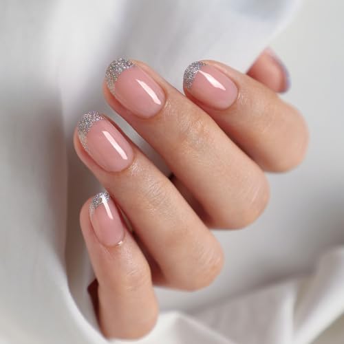32Pcs Soft Gel Press on Nails for Women, Glitter Silver, Short Oval | Bare Nude French Tip False Fake Nails Press Ons for Office Daily Wear, Salon Quality Reusable Glue & Stick on Nail Gift Kit - color: 5J-Glitter Silver