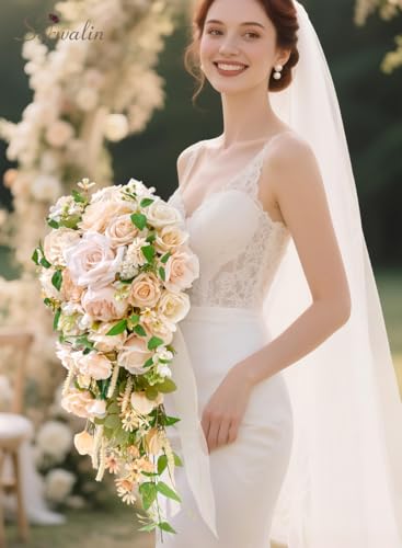 Serwalin 11 Inch Champagne Wedding Bouquets for Bride Bridesmaid, Artificial Rose Bridal Bouquets for Bride, Wedding Flowers Bouquet Tossing Bouquet, Wedding Ceremony and Anniversary - color: Champagne