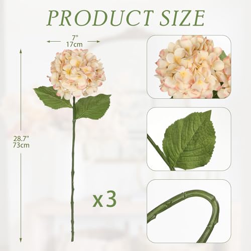 Hollyone 3Pcs Beige Hydrangea Artificial Flowers 28.7" Real Touch Large Faux Silk Hydrangeas Flowers with Stems Fake Flower for Home Wedding Floral Arrangement Centerpiece Table Vase Spring Decor - color: Beige Pink