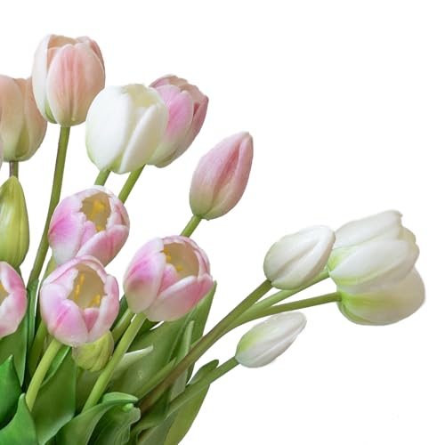 DUYONE 40pcs Artificial Tulips Flowers, Latex Bouquet,Fake Tulips for Office Wedding Party Home Kitchen Garden Decoration-B Peach Pink Set - color: B Style-40pcs Peach Pink Set(no Vase)