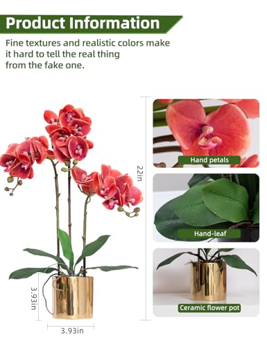 Artificial Orchid Flowers Set Real Touch Faux Flower in Vase Faux Butterfly Orchid Lifelike Orchid Arrangement for Wedding Home Office Party Hotel Decoration - color: Light Red