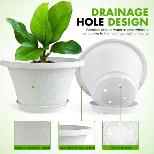 Quarut 12 Inch Plant Pot,4 Pack Large pots for Plants,Flower Pots with Drainage Hole & Saucer,Modern Planters for Indoor Outdoor Plants,Decorative Resin Garden Pots,White - color: Diamond Pattern-white, size: 12 inch-4 Pack
