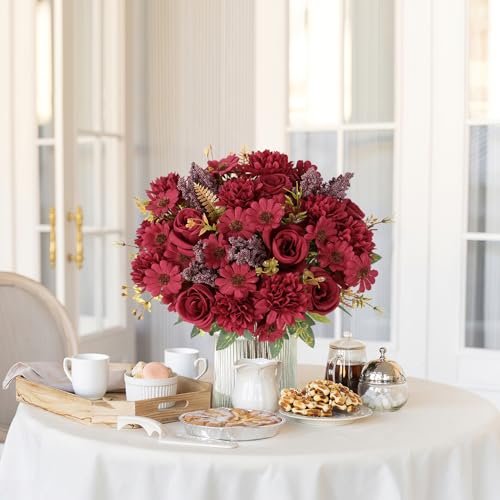 Dremisland Artificial Flowers 4 Bundles Burgundy Fake Roses Silk Bouquets with Daisy Chrysanthemum Artificial Faux Flowers Floral Arrangements for Valentines Day Wedding Table Centerpiece Party Decor - color: Burgundy, size: 4PCS