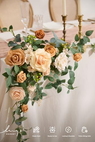 Ling's moment 2PCS Apricot Peach Artificial Flower Garland Wedding Arch Flowers Floral Swags Centerpieces Decoration Rose Greenery for Sweetheart/Head Table Easel Wall Entryway Board Backdrop - color: Brn-apricot & Peach