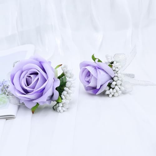 2Pcs Light Purple Rose Corsage and Boutonniere Set, Artificial Wrist Corsage Wristlet Bracelets, Men Boutonniere for Wedding Anniversary Party Homecoming Flowers Accessories Prom Decor - color: Light Purple