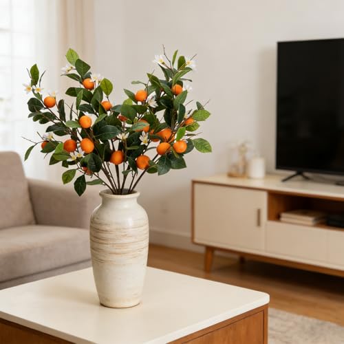 2PCS 37.4Inch Artificial Tangerine Branches Artificial Orange Branches Fake Orange Stem 12 Fruit with 20 White Flowers Long Stem for Home Party Wedding Office Thanksgiving Indoor Outdoor Decor - color: 37.4inch Orange, size: 2 PCS