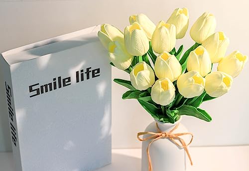 SITUMEIZI 15pcs Fake Tulips Artificial Flowers Real Touch Beige 14" PU Flower for Home Kitchen Decor Spring Easter Wedding Bouquet Decorations Office Floral Arrangements - color: Beige