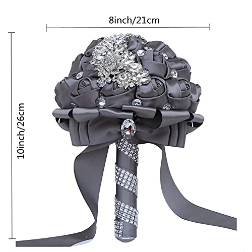 XINNI Handmade Bridal Wedding Bouquet Bride Bridesmaid Satin Rose Flower Bouquet with Meteor Shower Shape Rhinestone Wedding Decoration Grey - color: Grey