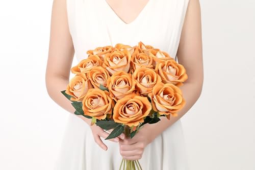 SITUMEIZI 15PCS Artificial Roses Silk Flowers Fake Roses Realistic Bouquet Long Stem with Gift Box for Mother's Gift Day Home Party Wedding Decorations(Gold) - color: Gold