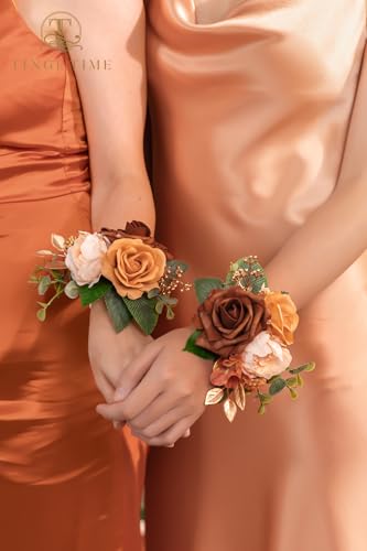 TINGE TIME Set of 2 Wrist Corsage Bracelets Pearl Wristlet Band Bridesmaid Bracelet for Wedding Ceremony Bridal Shower Wedding Artificial Flower Prom (Terracotta) - color: Terracotta