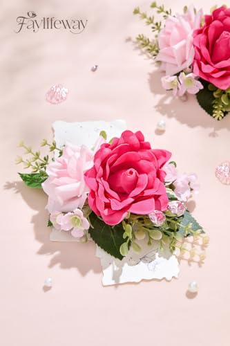 Rose Hot Pink Corsage and Boutonniere Set for Wedding Prom(Set of 2),Artificial Flower Wrist Corsage Bracelets for Women Homecoming,Boutonniere for Men Suit Decorations Party Anniversary - color: Hot Pink, size: 1 Corsage & 1 Boutonniere