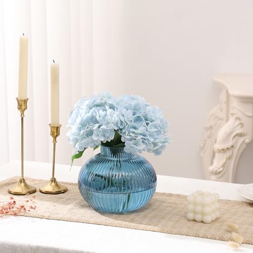 Blue Glass Vase for Tulips, Ribbed Glass Vase for Flowers, Round Flower Vases, Small Short Vases for Living Room, Office, Coffee Table, Shelf, Wedding, 6 Inches - color: Blue, size: Round 6 Inches