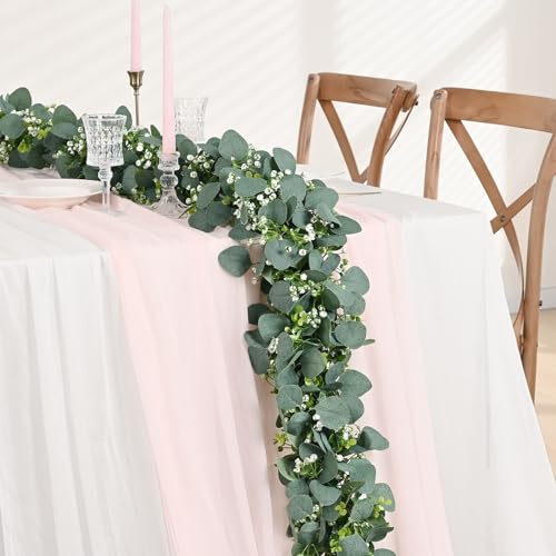Waipfaru 2Pcs Eucalyptus Garland, 5.9FT Greenery Garland, Green Garland with Flowers, Artificial Faux Silver Dollar Eucalyptus Leaves Vines for Table Home Wedding Mantle Party Indoor Outdoor Decor - color: Eucalyptus Garland, size: 2Pcs