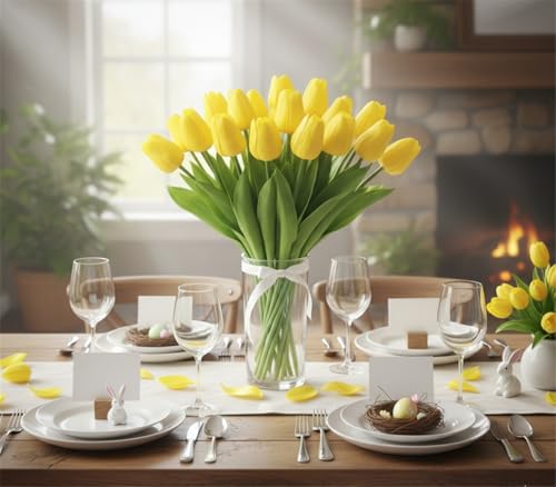 Yellow Artificial Tulips Real Touch Fake Flowers, 20 Pcs PU Faux Tulips 13.5", Realistic Tulip Bouquet for Wedding Centerpiece Spring Home Kitchen Dining Table Vase Decoration Easter Stems - color: Yellow